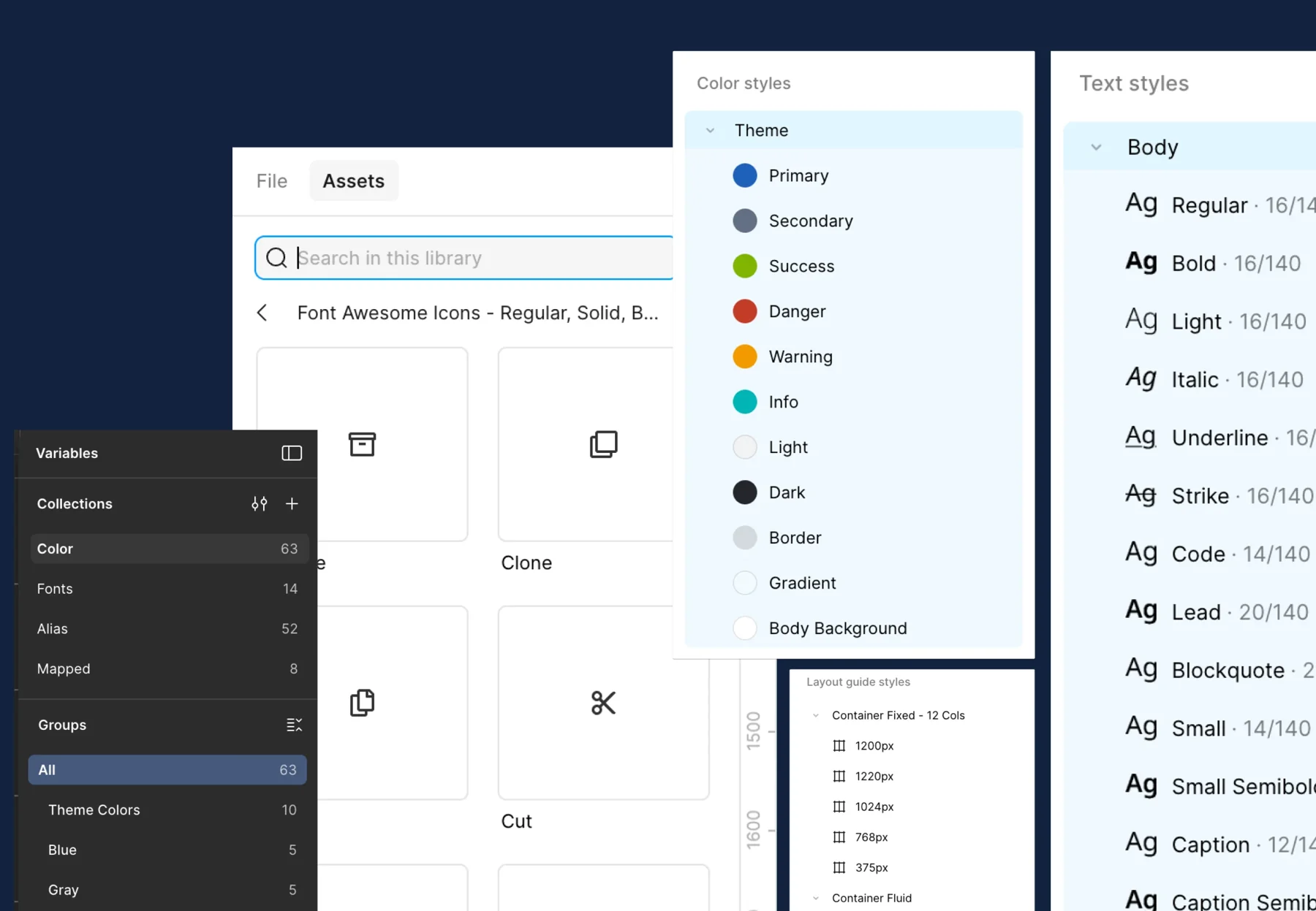 Unify Figma library: color and font variables, theme color styles, text styles, an icon set and 12-column layout grids