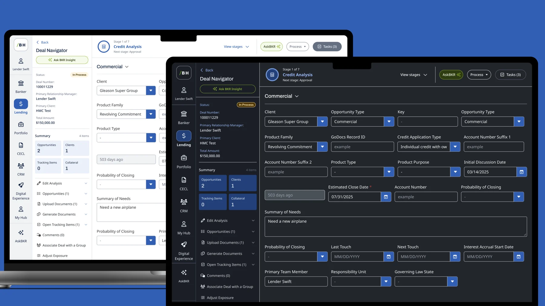 The Deal Navigator credit analysis screen in light and dark mode