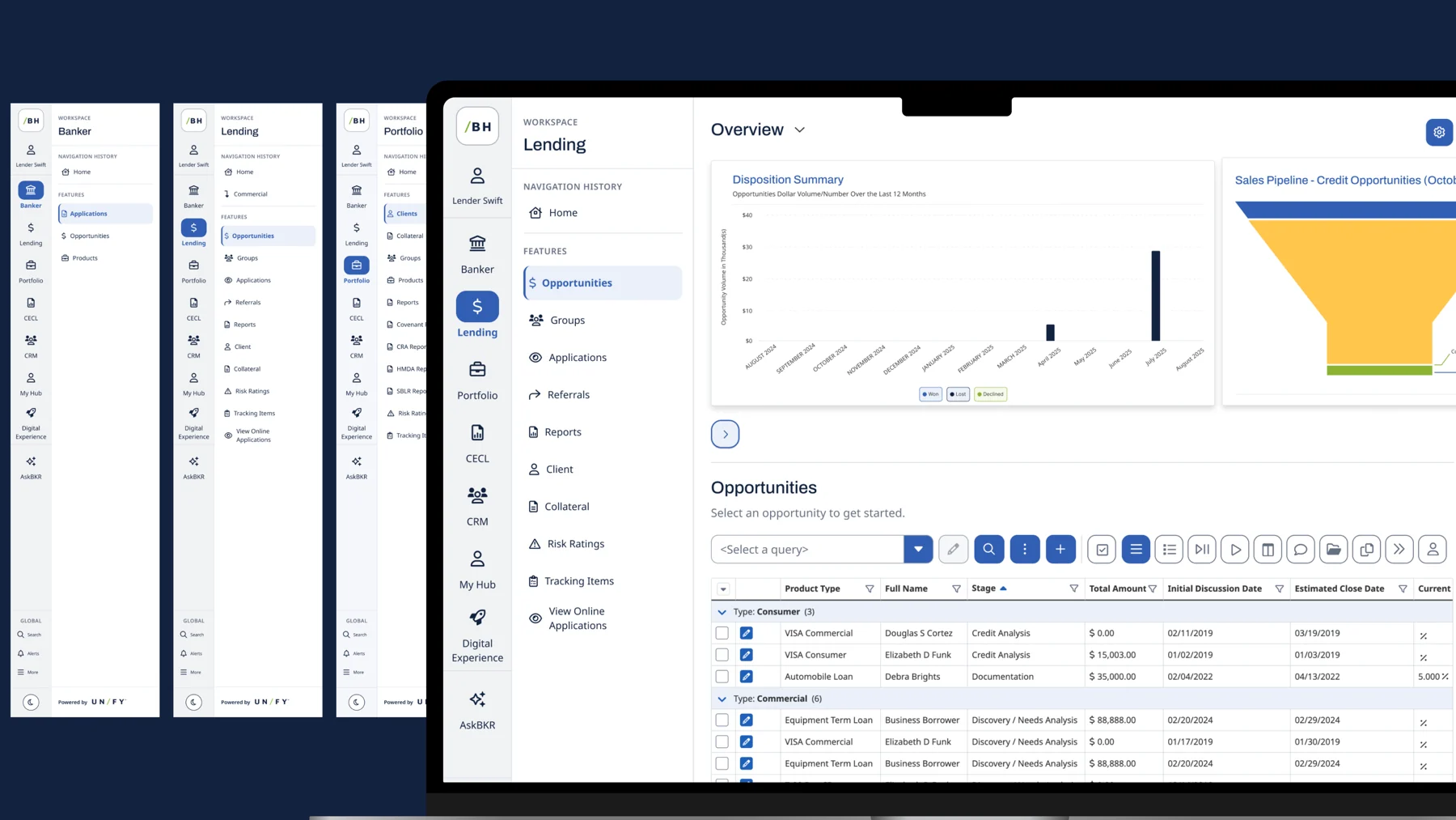 Unify's new navigation: Banker, Lending and Portfolio workspaces next to the Lending overview on a laptop