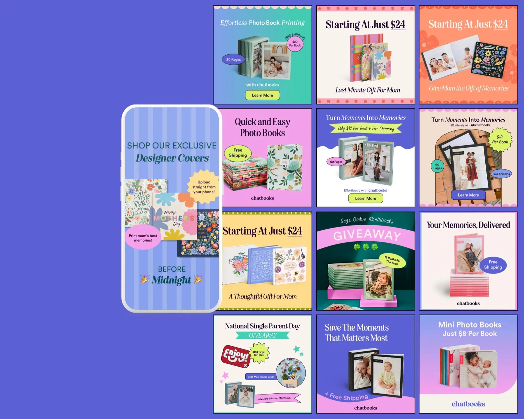 Grid of Chatbooks ads and in-feed posts