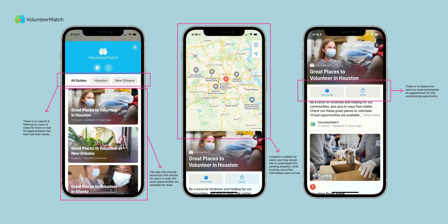 VolunteerMatch app screens annotated with friction points
