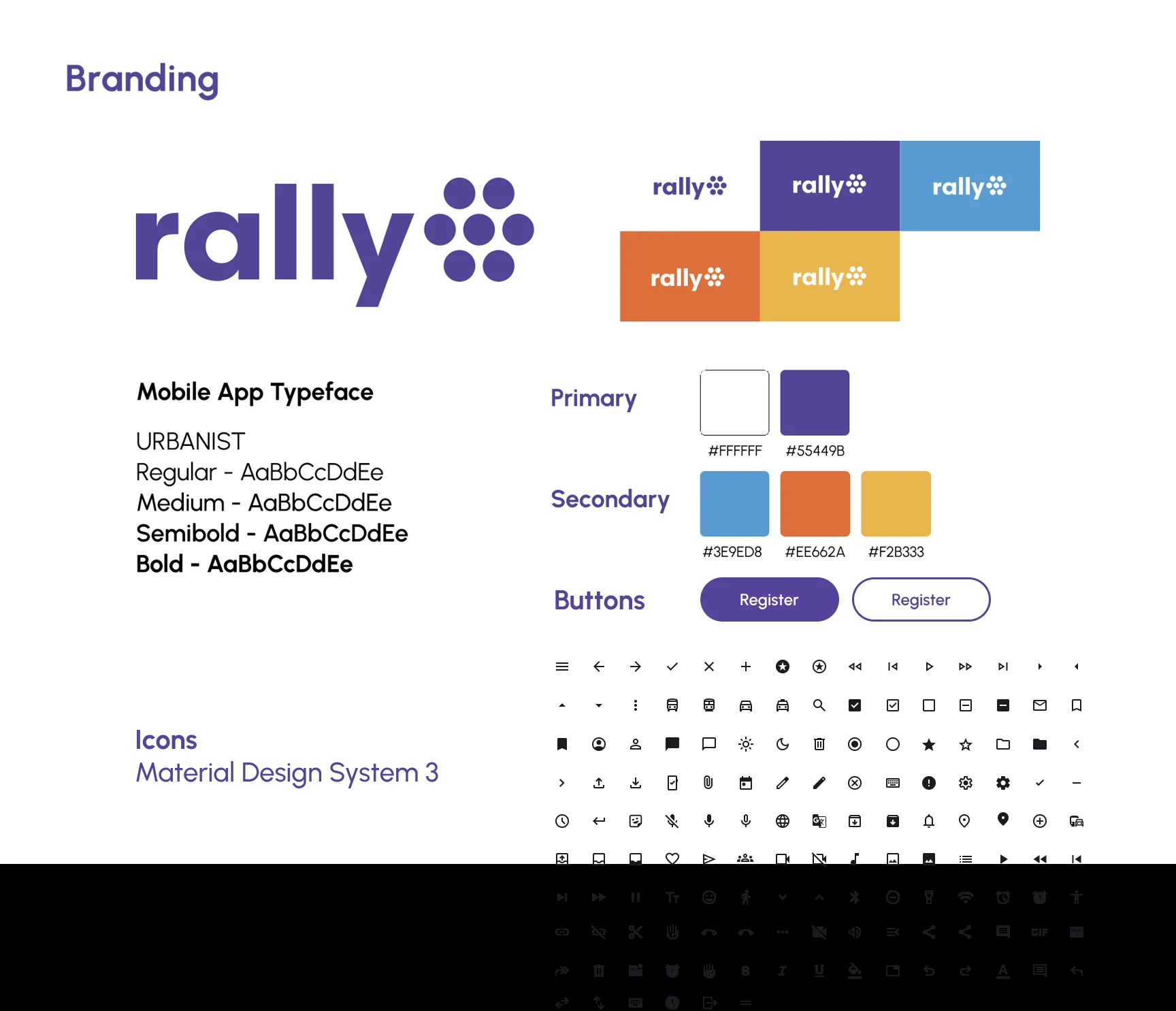 Rally branding: logo, Urbanist type, purple palette, buttons and Material icons