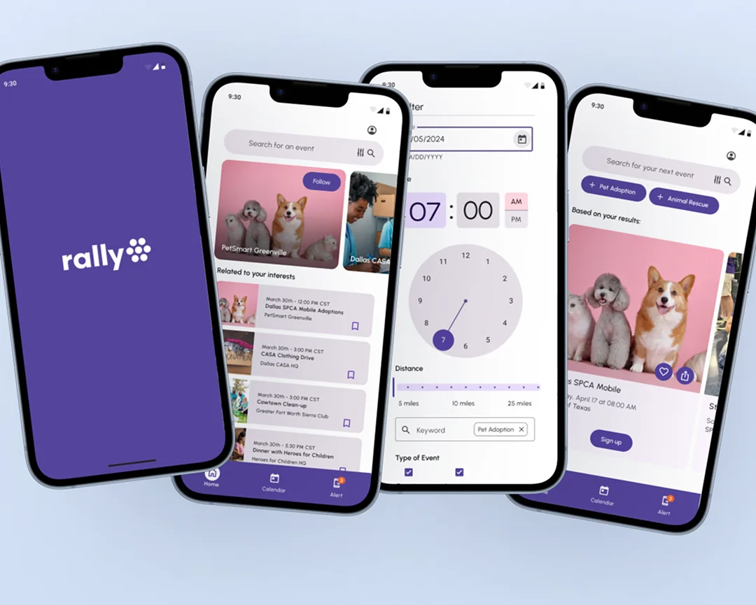 Rally home, filter and event screens on three phones