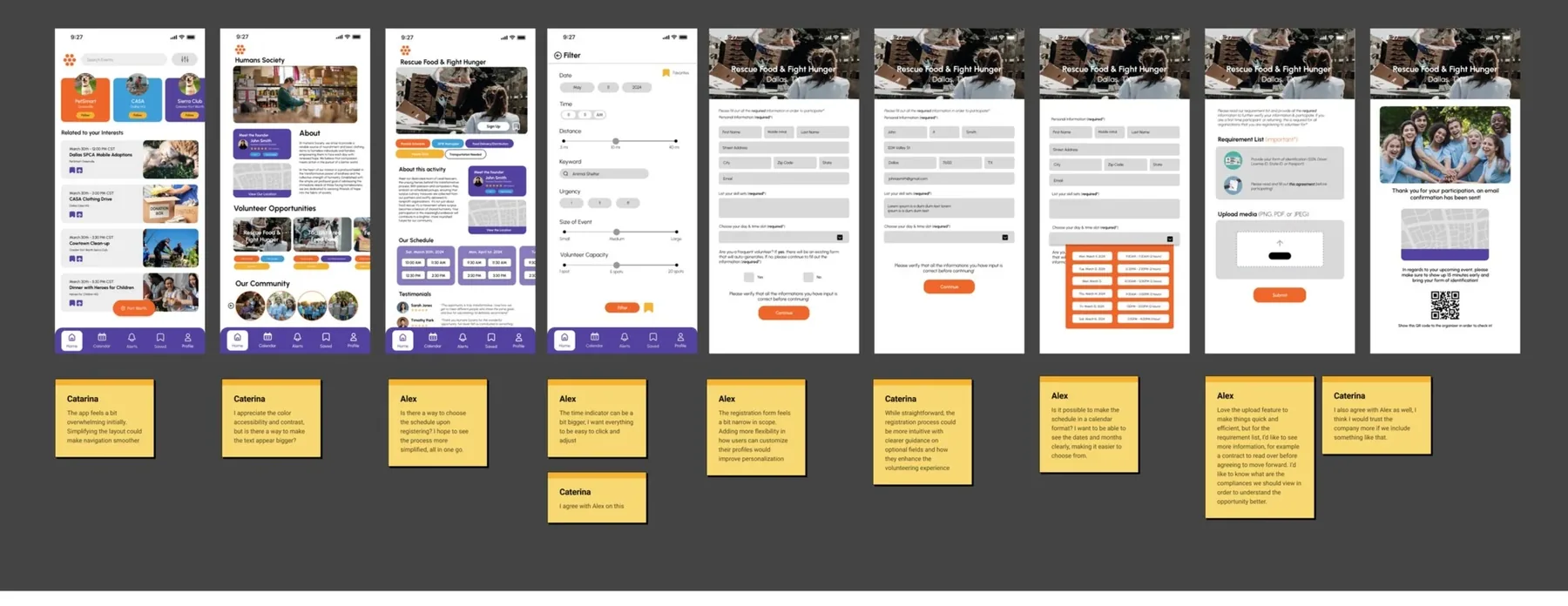 Low-fidelity screens with feedback notes
