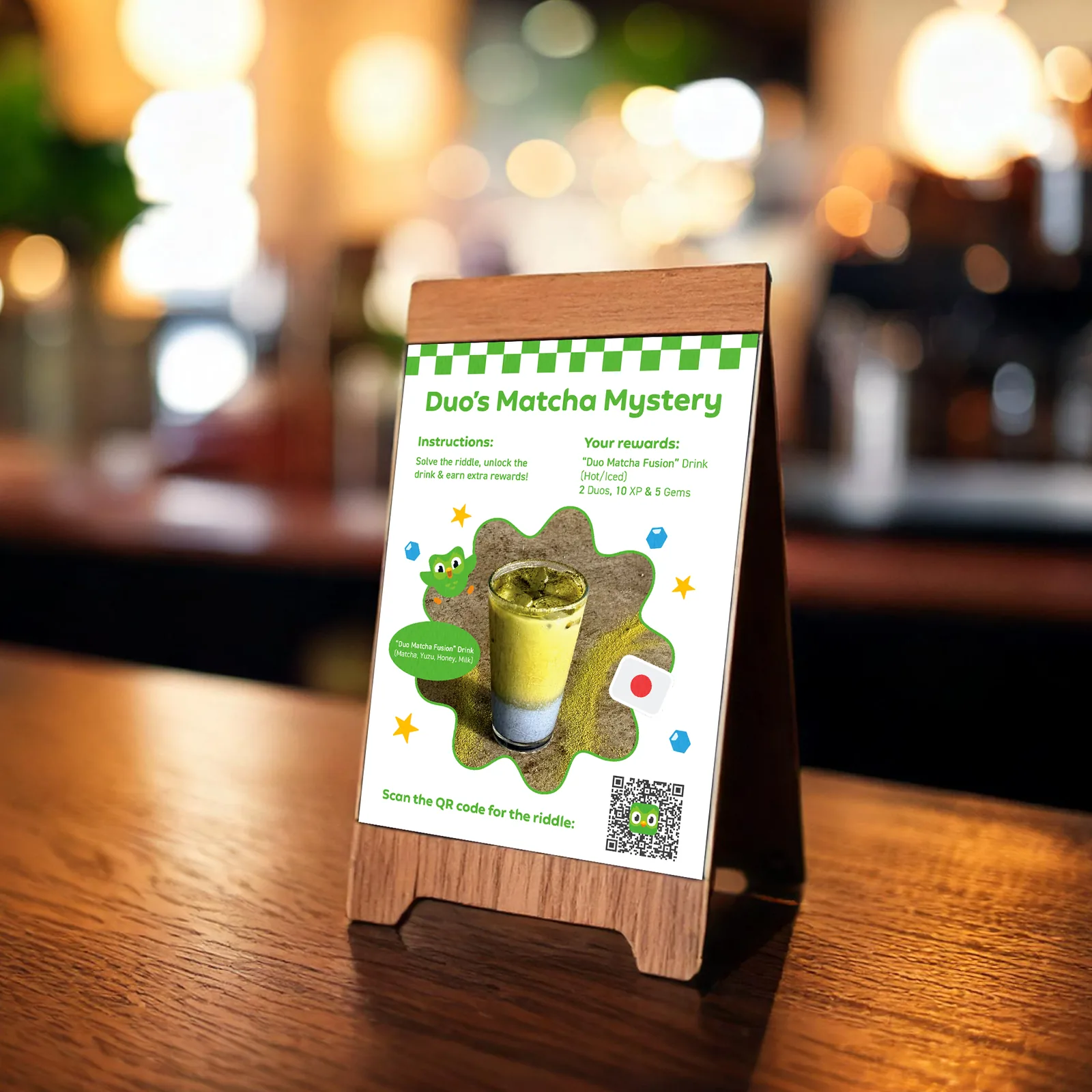 Duo’s Matcha Mystery table tent with a QR code riddle