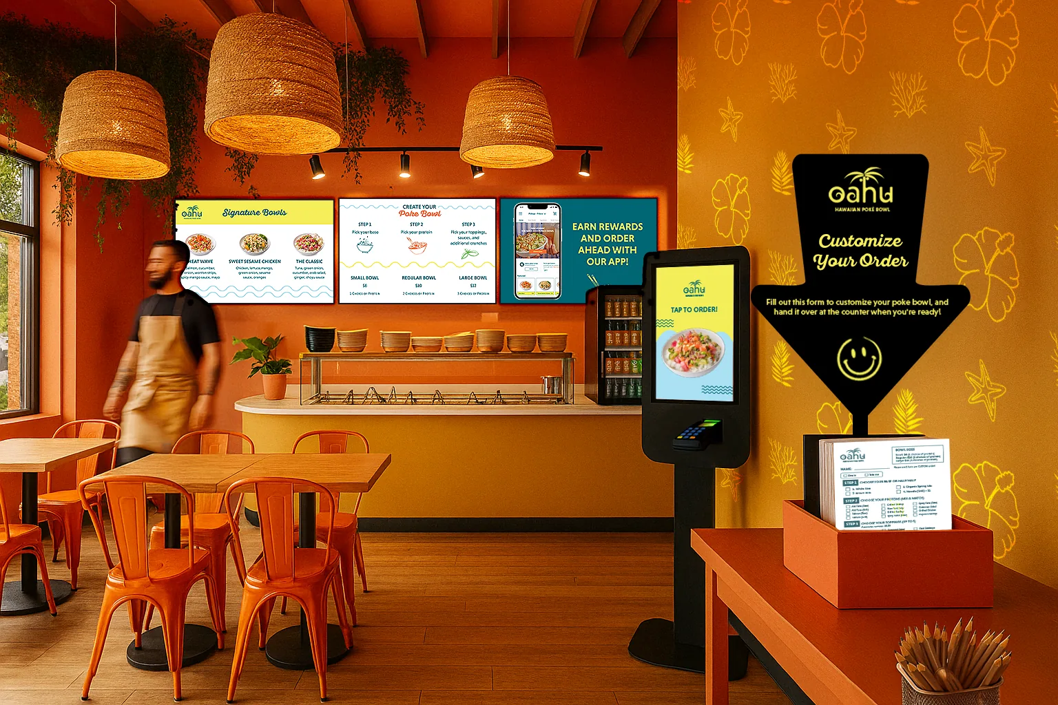 Oahu Poké interior with menu screens, kiosk and order station