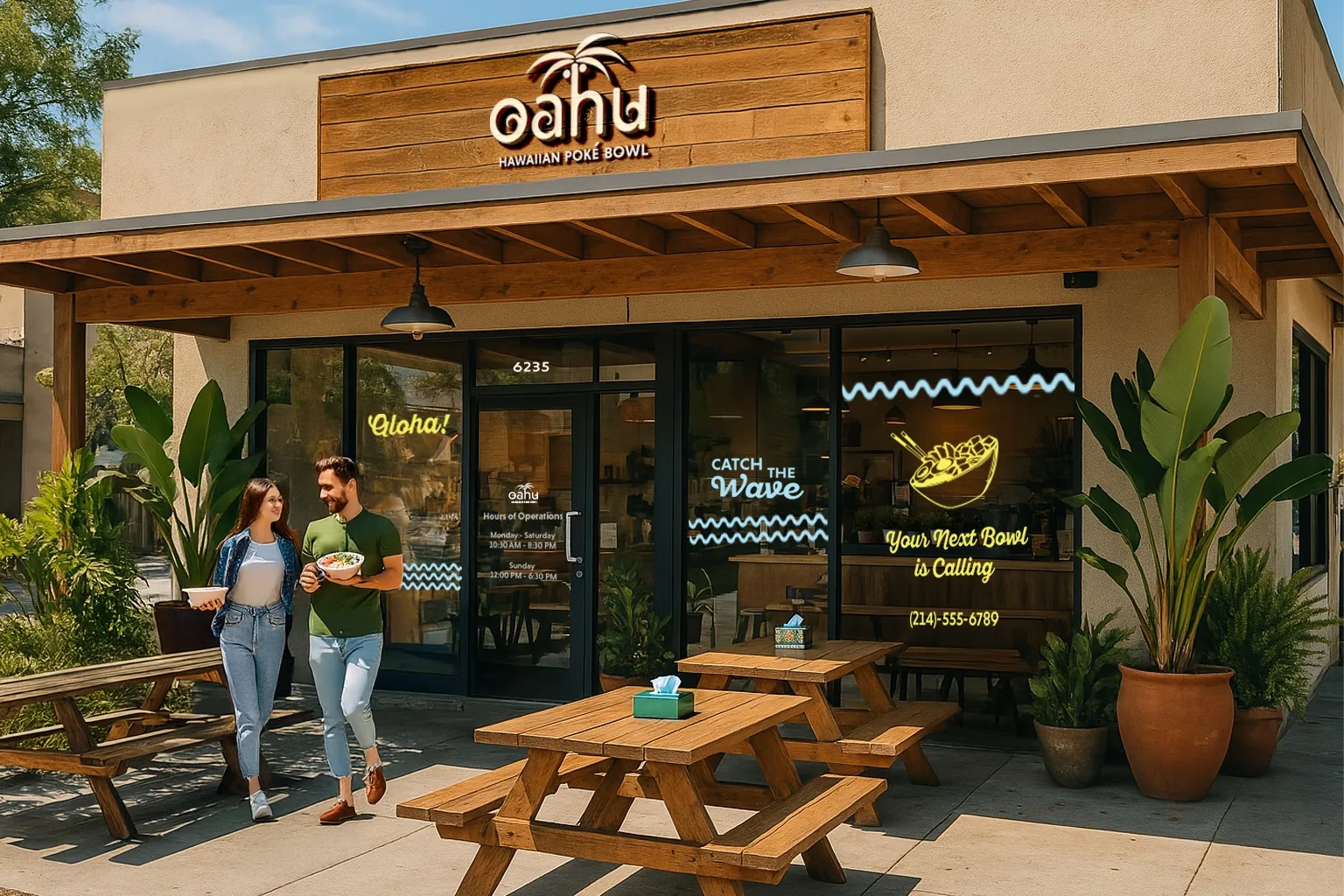 Oahu Poké storefront with neon window graphics