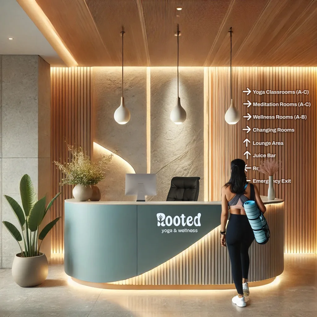Rooted reception desk with wayfinding signage